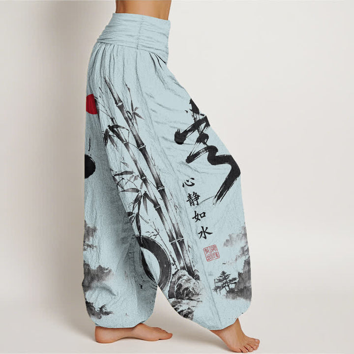 Buddha Stones Pantalones harem de mujer con cintura elástica, estampado de paisaje en tinta de bambú y algodón. - image 9