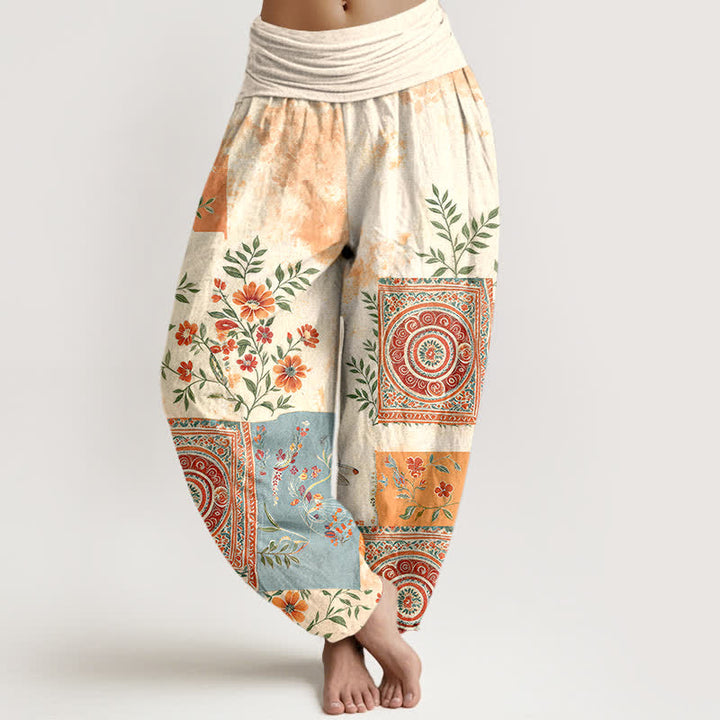 Buddha Stones Pantalones harem de algodón con estampado floral bohemio y cintura elástica para mujer. - Marfil - US16，UK/AU20，EU48 (3XL) - image 0