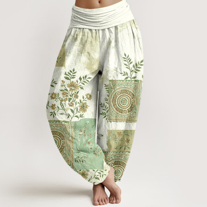 Buddha Stones Pantalones harem de algodón con estampado floral bohemio y cintura elástica para mujer. - Gotas de miel - US16，UK/AU20，EU48 (3XL) - image 5