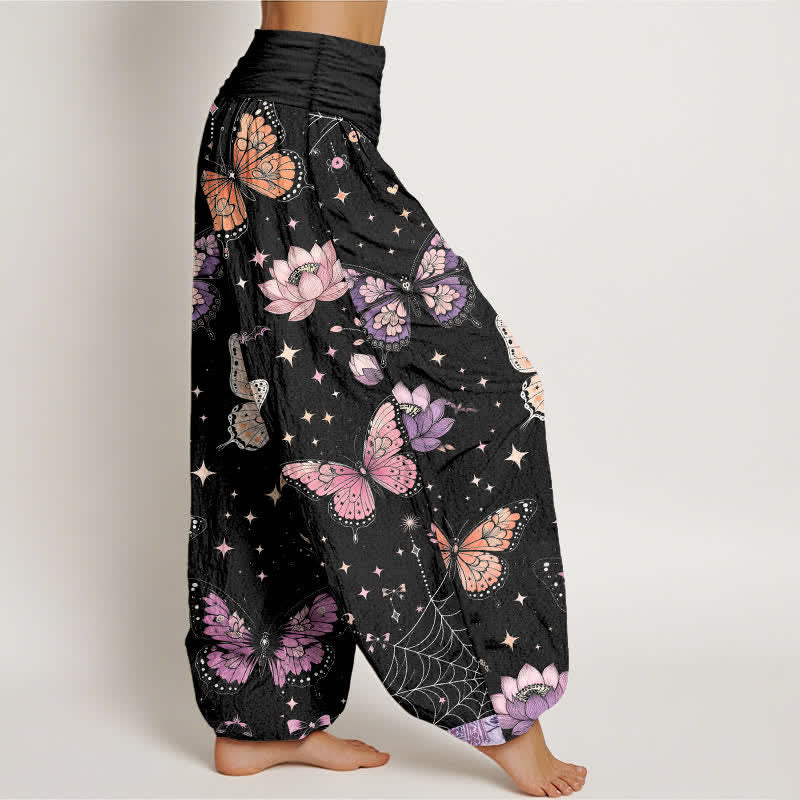 Buddha Stones Pantalones harem de algodón con estampado de mariposas, luna y loto para mujer con cintura elástica. - image 1