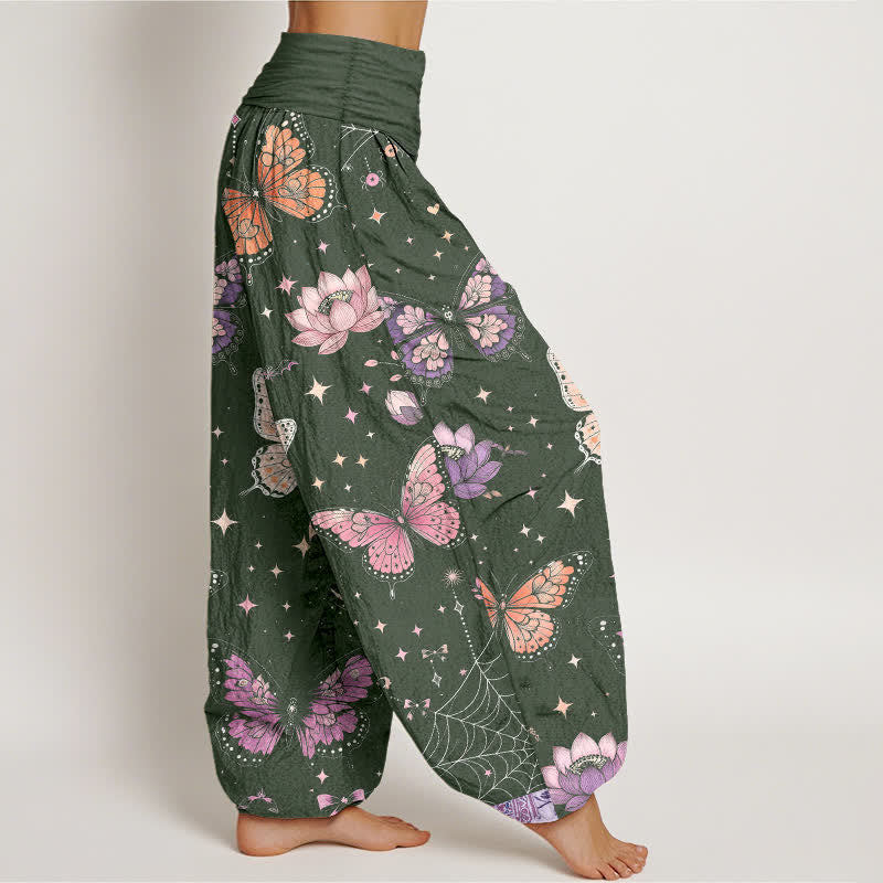 Buddha Stones Pantalones harem de algodón con estampado de mariposas, luna y loto para mujer con cintura elástica. - image 6