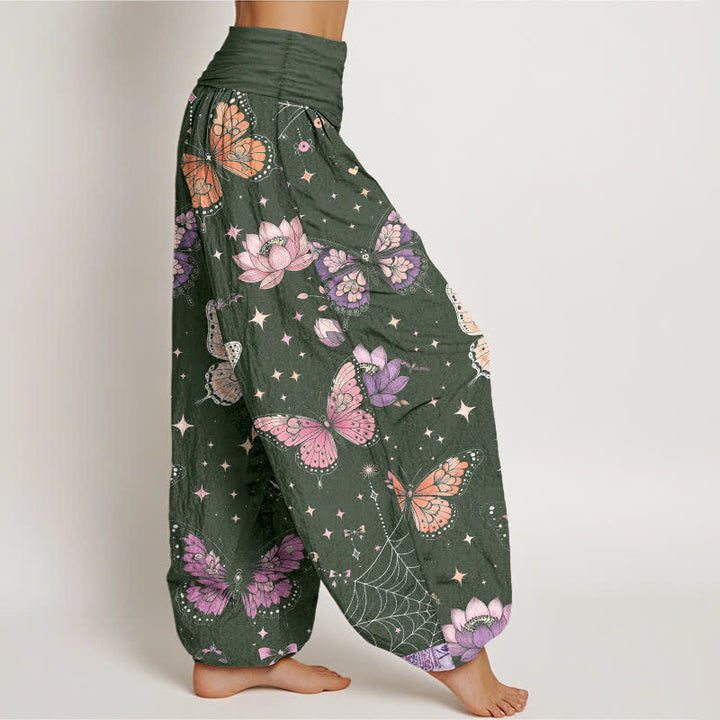 Buddha Stones Pantalones harem de algodón con estampado de mariposas, luna y loto para mujer con cintura elástica. - image 6