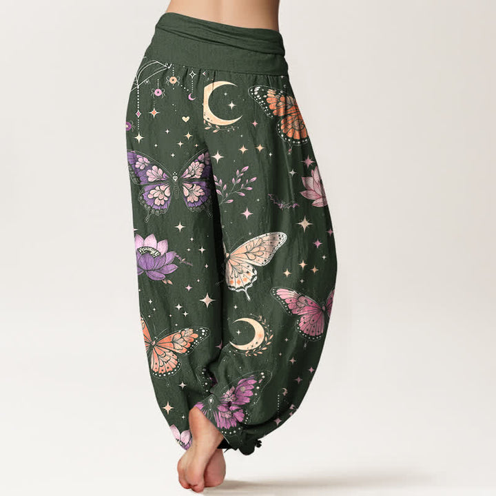 Buddha Stones Pantalones harem de algodón con estampado de mariposas, luna y loto para mujer con cintura elástica. - image 7