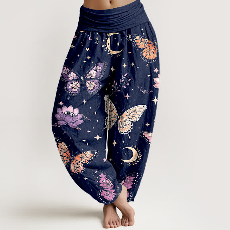 Buddha Stones Pantalones harem de algodón con estampado de mariposas, luna y loto para mujer con cintura elástica. - Marina de guerra - US16，UK/AU20，EU48 (3XL) - image 8