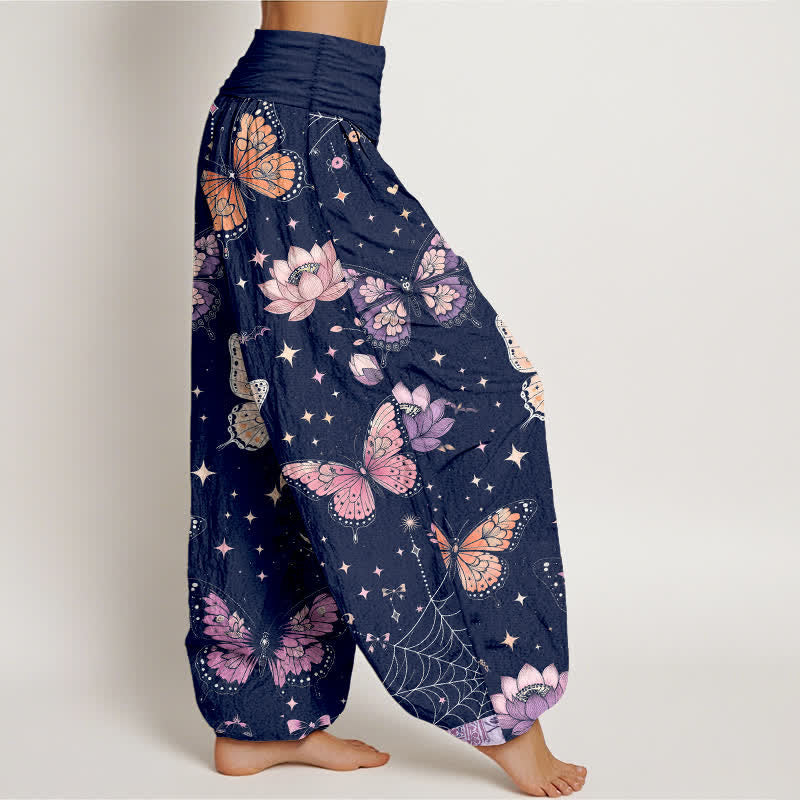 Buddha Stones Pantalones harem de algodón con estampado de mariposas, luna y loto para mujer con cintura elástica. - image 9