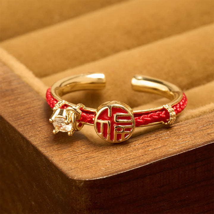 Buddha Stones Anillo abierto de la suerte con personaje de cuerda roja redonda - Anillo de oro (talla US8) - image 0