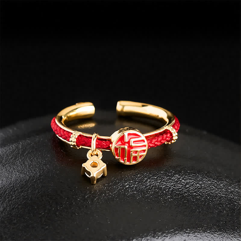 Buddha Stones Anillo abierto de la suerte con personaje de cuerda roja redonda - image 2