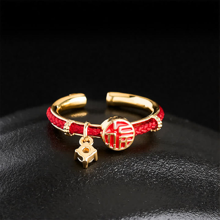 Buddha Stones Anillo abierto de la suerte con personaje de cuerda roja redonda - image 2