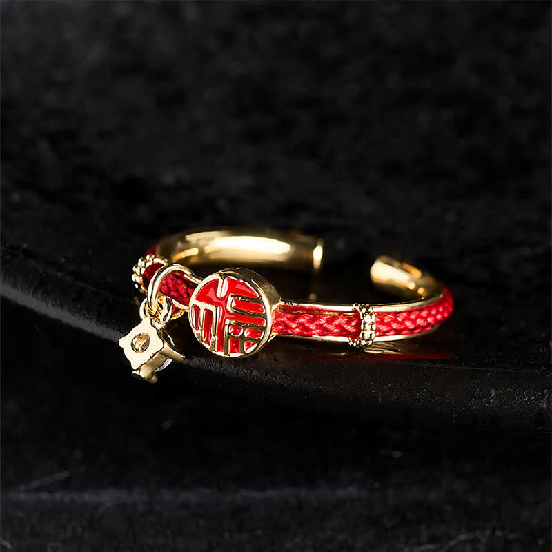 Buddha Stones Anillo abierto de la suerte con personaje de cuerda roja redonda - image 3