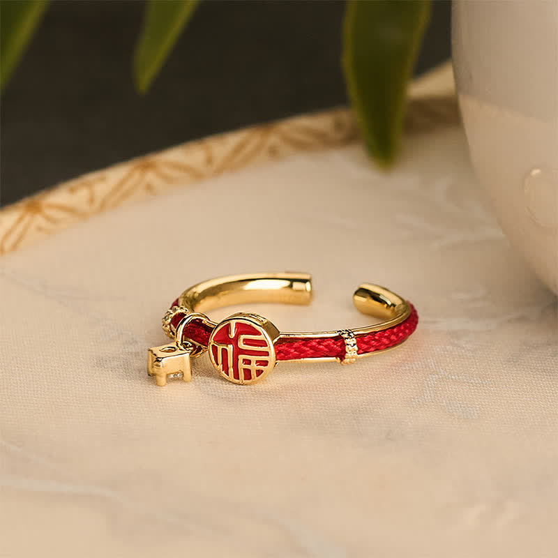 Buddha Stones Anillo abierto de la suerte con personaje de cuerda roja redonda - image 5