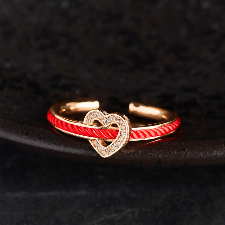 Buddha Stones Anillo abierto de la suerte con forma de corazón y cuerda roja de cobre - Anillo de oro rosa (talla US8) - image 9