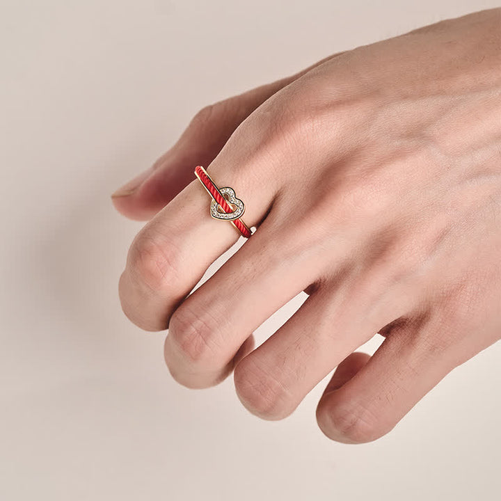 Buddha Stones Anillo abierto de la suerte con forma de corazón y cuerda roja de cobre - image 4