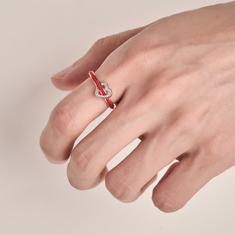 Buddha Stones Anillo abierto de la suerte con forma de corazón y cuerda roja de cobre - image 12