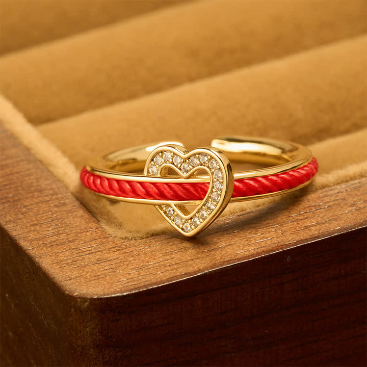 Buddha Stones Anillo abierto de la suerte con forma de corazón y cuerda roja de cobre - Anillo de oro (talla US8) - image 0