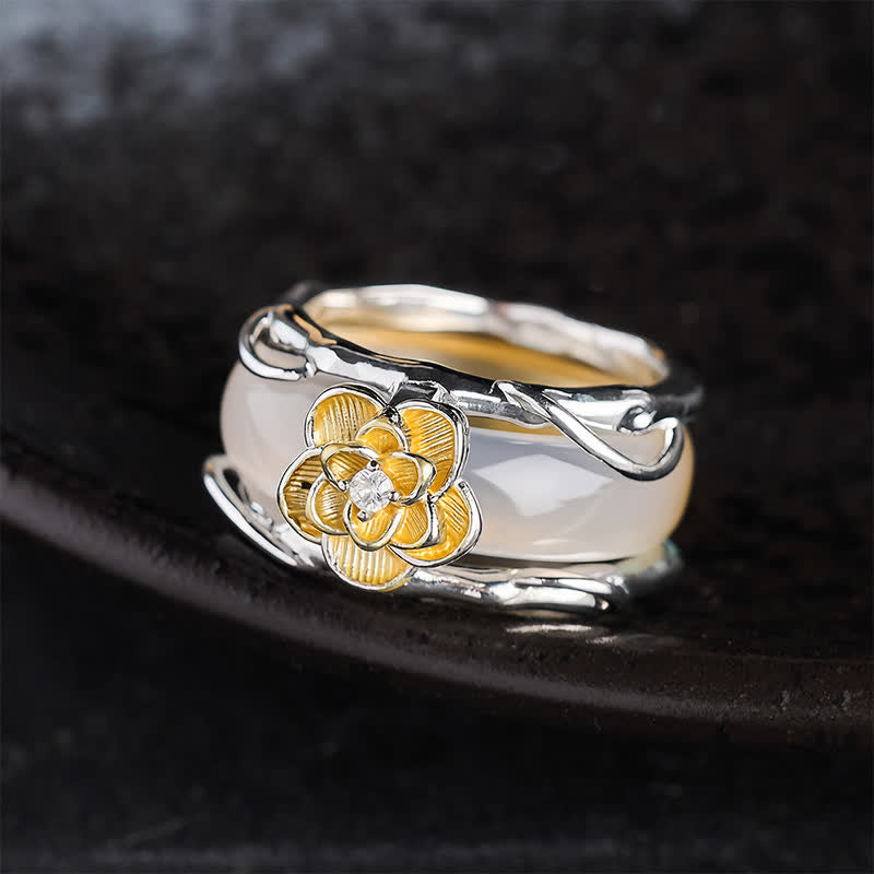 Buddha Stones Anillo de positividad de doble uso con calcedonia y osmanto color miel - image 1