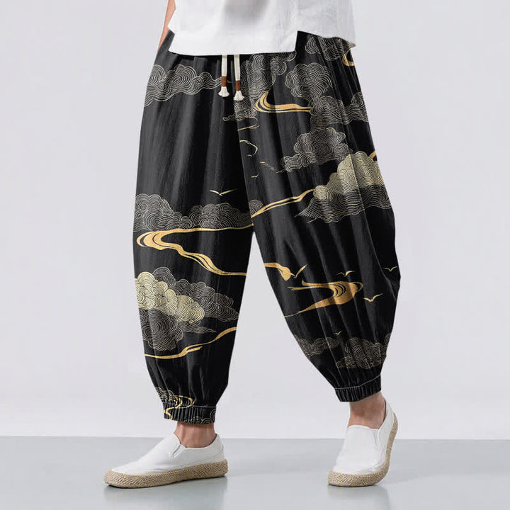Buddha Stones Pantalones harem para hombre de algodón puro con estampado de nubes doradas, cordón ajustable y bolsillos. - Negro - US/UK/AU50, EU60 (5XL) - image 0