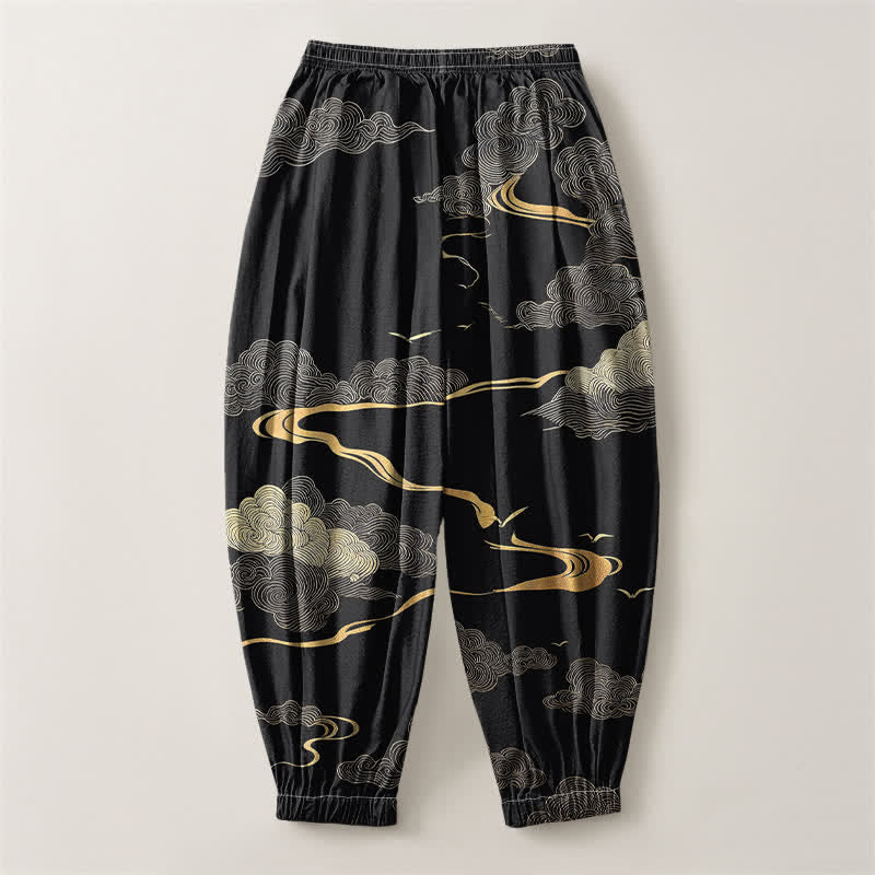 Buddha Stones Pantalones harem para hombre de algodón puro con estampado de nubes doradas, cordón ajustable y bolsillos. - image 2