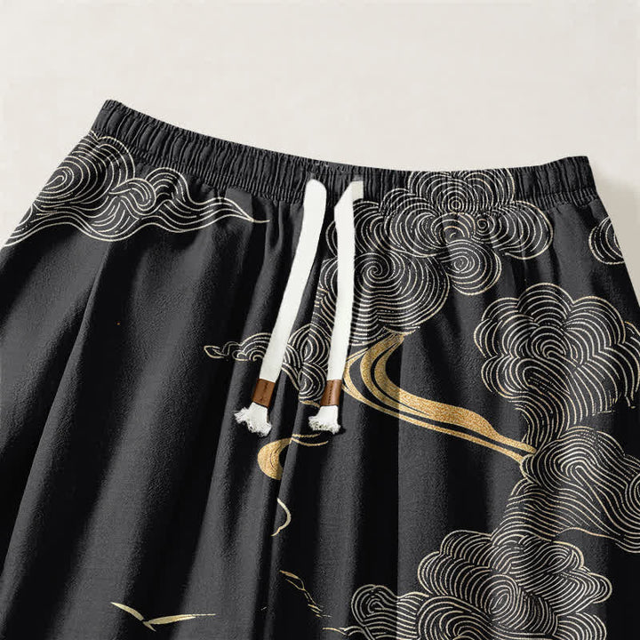 Buddha Stones Pantalones harem para hombre de algodón puro con estampado de nubes doradas, cordón ajustable y bolsillos. - image 3