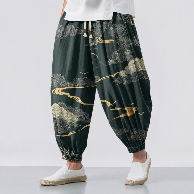 Buddha Stones Pantalones harem para hombre de algodón puro con estampado de nubes doradas, cordón ajustable y bolsillos. - Verde oscuro - US/UK/AU50, EU60 (5XL) - image 6