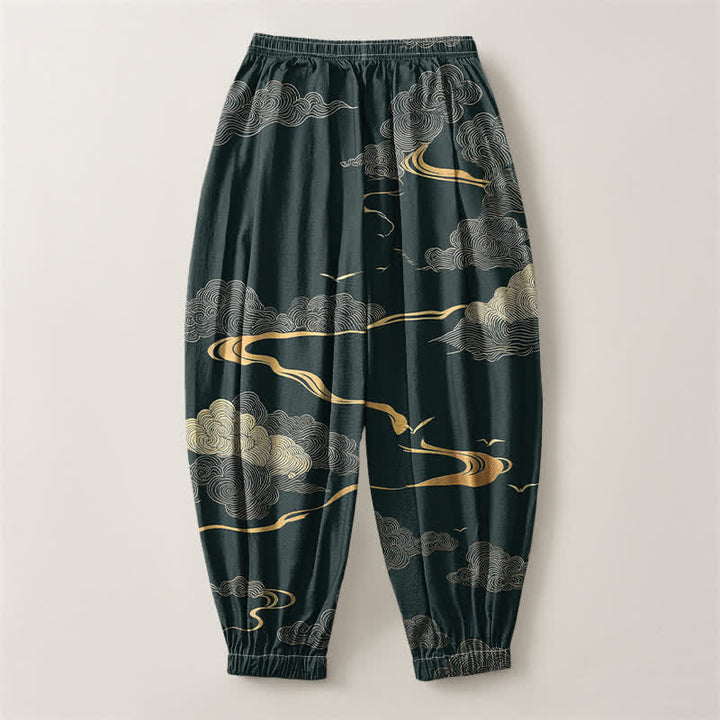 Buddha Stones Pantalones harem para hombre de algodón puro con estampado de nubes doradas, cordón ajustable y bolsillos. - image 8