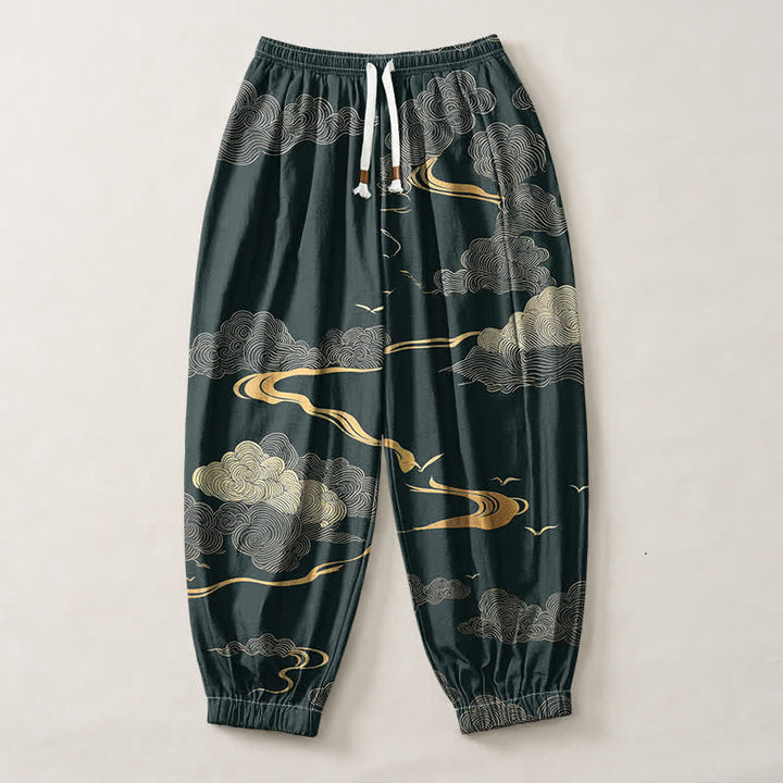 Buddha Stones Pantalones harem para hombre de algodón puro con estampado de nubes doradas, cordón ajustable y bolsillos. - image 7