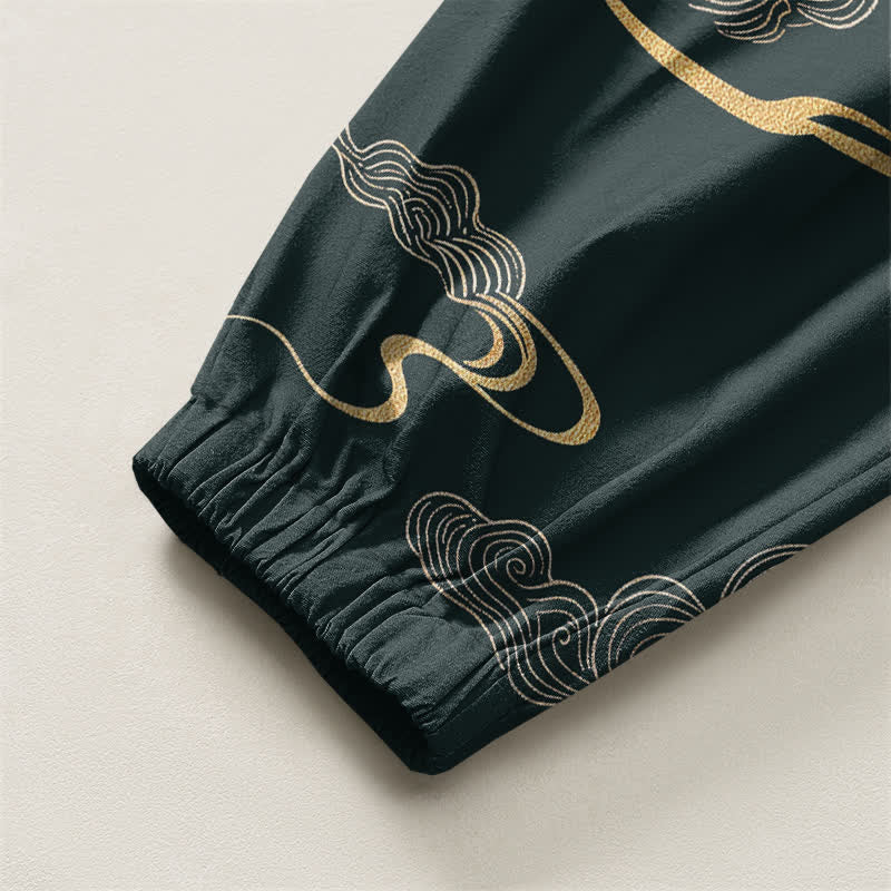 Buddha Stones Pantalones harem para hombre de algodón puro con estampado de nubes doradas, cordón ajustable y bolsillos. - image 10
