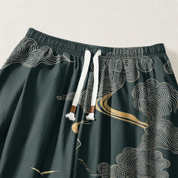 Buddha Stones Pantalones harem para hombre de algodón puro con estampado de nubes doradas, cordón ajustable y bolsillos. - image 9