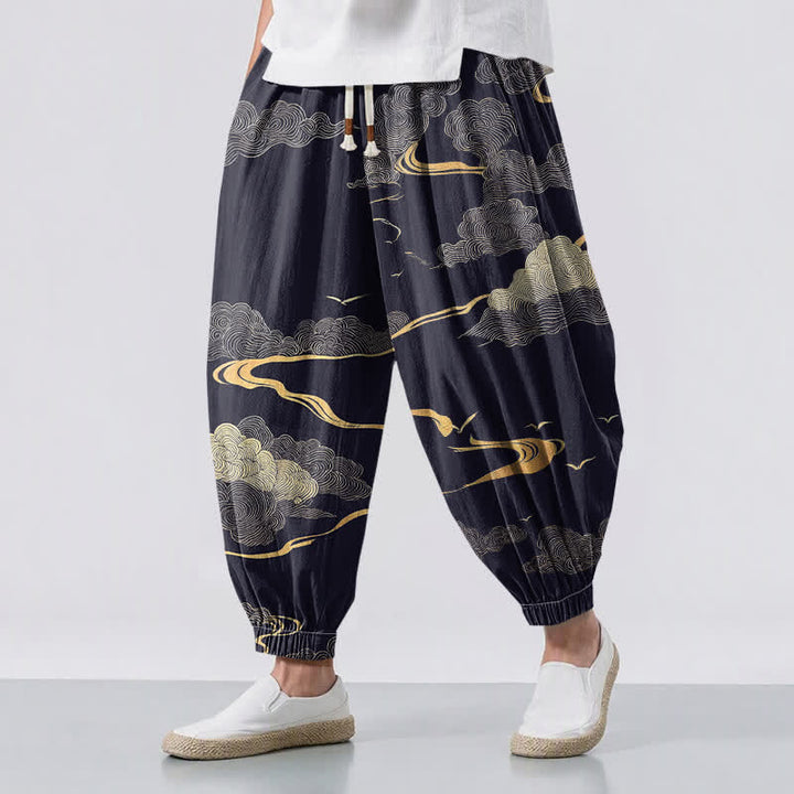 Buddha Stones Pantalones harem para hombre de algodón puro con estampado de nubes doradas, cordón ajustable y bolsillos. - Marina de guerra - US/UK/AU50, EU60 (5XL) - image 12