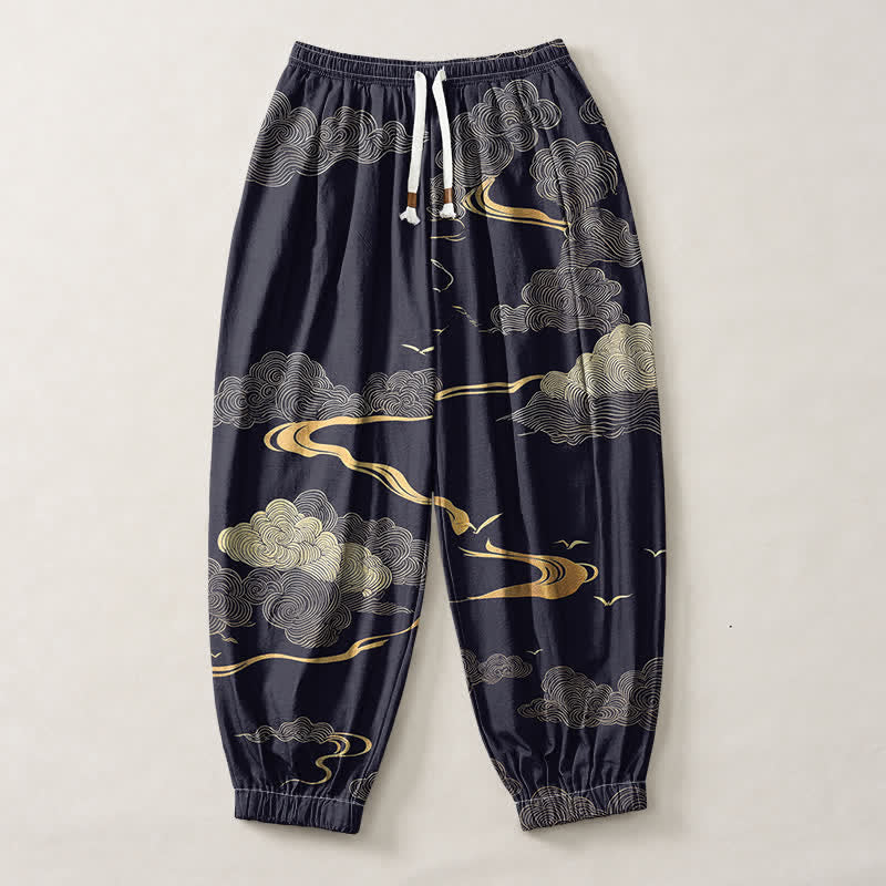 Buddha Stones Pantalones harem para hombre de algodón puro con estampado de nubes doradas, cordón ajustable y bolsillos. - image 13
