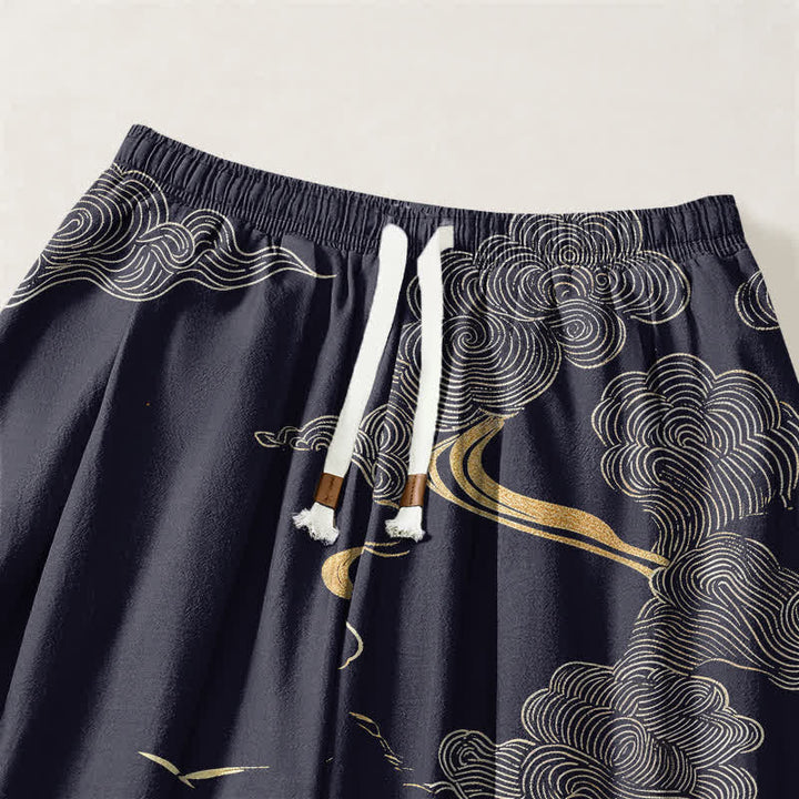 Buddha Stones Pantalones harem para hombre de algodón puro con estampado de nubes doradas, cordón ajustable y bolsillos. - image 15