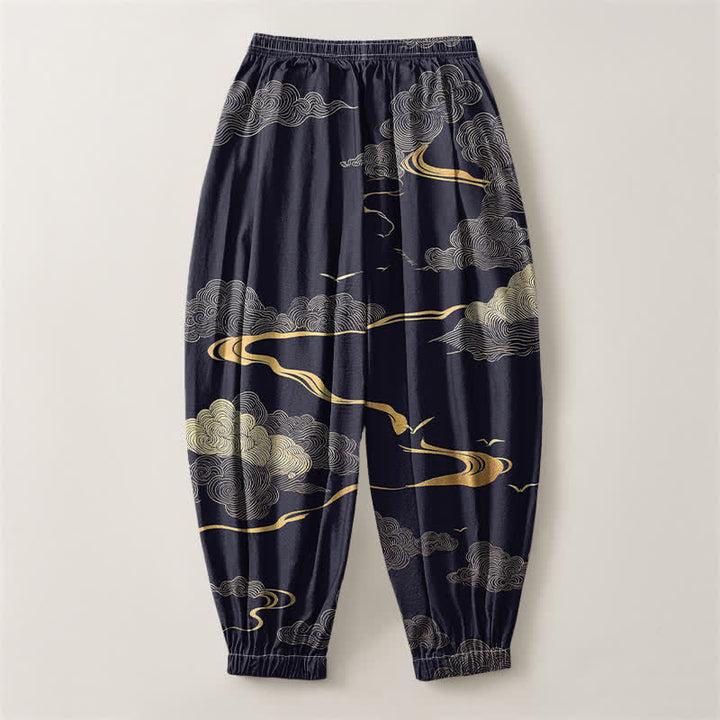 Buddha Stones Pantalones harem para hombre de algodón puro con estampado de nubes doradas, cordón ajustable y bolsillos. - image 14