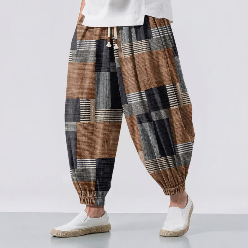 Buddha Stones Pantalones harem para hombre de algodón puro con estampado de retazos, cuadros y rayas, cordón ajustable y bolsillos. - Perú - US/UK/AU50, EU60 (5XL) - image 0