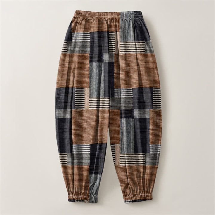 Buddha Stones Pantalones harem para hombre de algodón puro con estampado de retazos, cuadros y rayas, cordón ajustable y bolsillos. - image 2