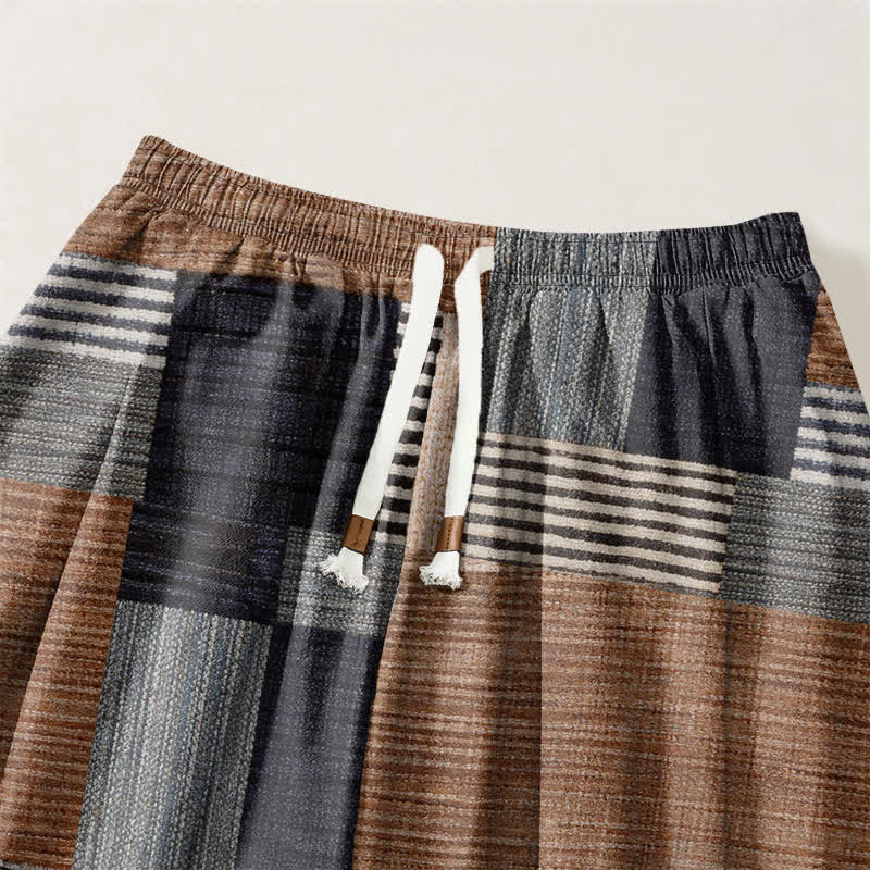 Buddha Stones Pantalones harem para hombre de algodón puro con estampado de retazos, cuadros y rayas, cordón ajustable y bolsillos. - image 3
