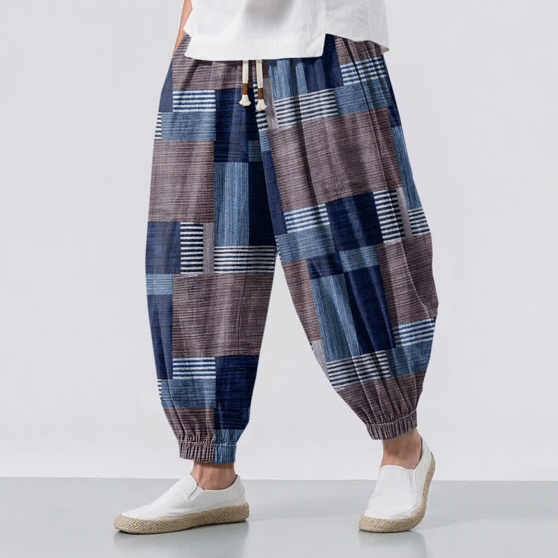 Buddha Stones Pantalones harem para hombre de algodón puro con estampado de retazos, cuadros y rayas, cordón ajustable y bolsillos. - Marina de guerra - US/UK/AU50, EU60 (5XL) - image 6