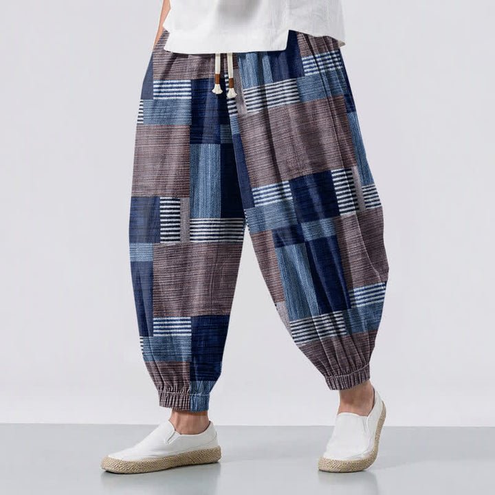 Buddha Stones Pantalones harem para hombre de algodón puro con estampado de retazos, cuadros y rayas, cordón ajustable y bolsillos. - Marina de guerra - US/UK/AU50, EU60 (5XL) - image 6