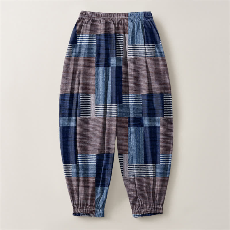 Buddha Stones Pantalones harem para hombre de algodón puro con estampado de retazos, cuadros y rayas, cordón ajustable y bolsillos. - image 8