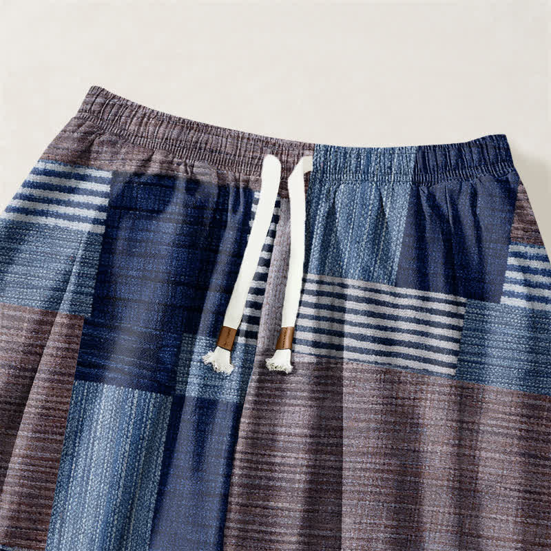 Buddha Stones Pantalones harem para hombre de algodón puro con estampado de retazos, cuadros y rayas, cordón ajustable y bolsillos. - image 9