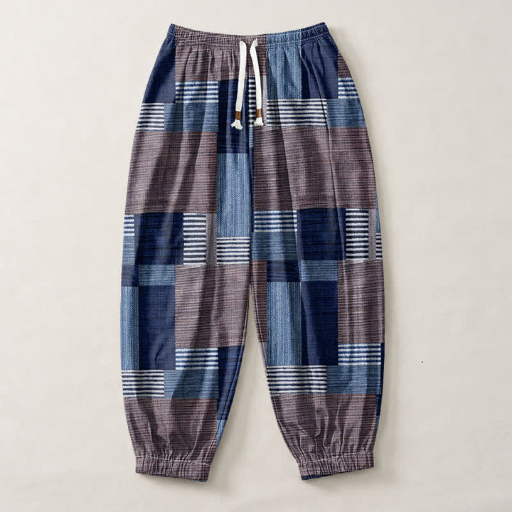 Buddha Stones Pantalones harem para hombre de algodón puro con estampado de retazos, cuadros y rayas, cordón ajustable y bolsillos. - image 7