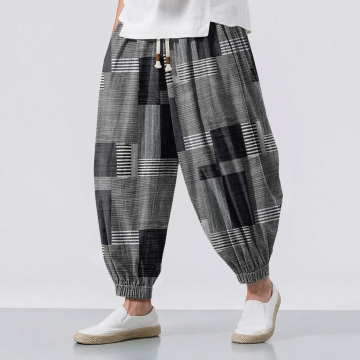 Buddha Stones Pantalones harem para hombre de algodón puro con estampado de retazos, cuadros y rayas, cordón ajustable y bolsillos. - Gris - US/UK/AU50, EU60 (5XL) - image 12