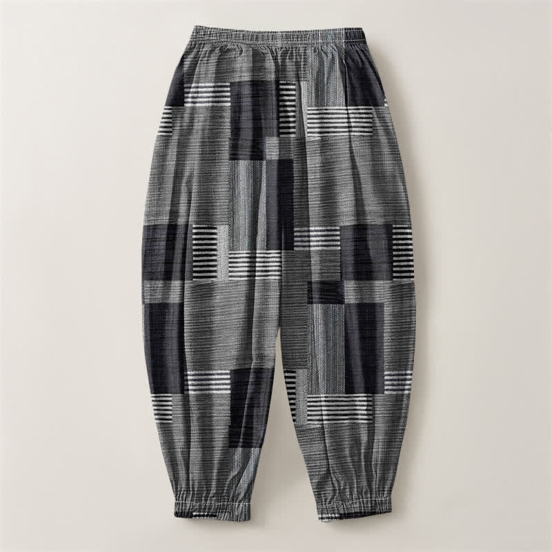 Buddha Stones Pantalones harem para hombre de algodón puro con estampado de retazos, cuadros y rayas, cordón ajustable y bolsillos. - image 14