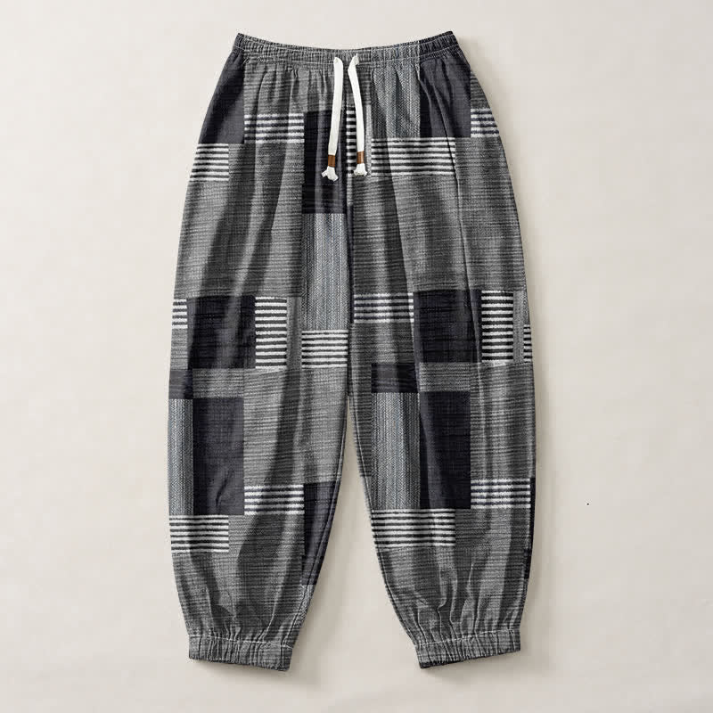 Buddha Stones Pantalones harem para hombre de algodón puro con estampado de retazos, cuadros y rayas, cordón ajustable y bolsillos. - image 13