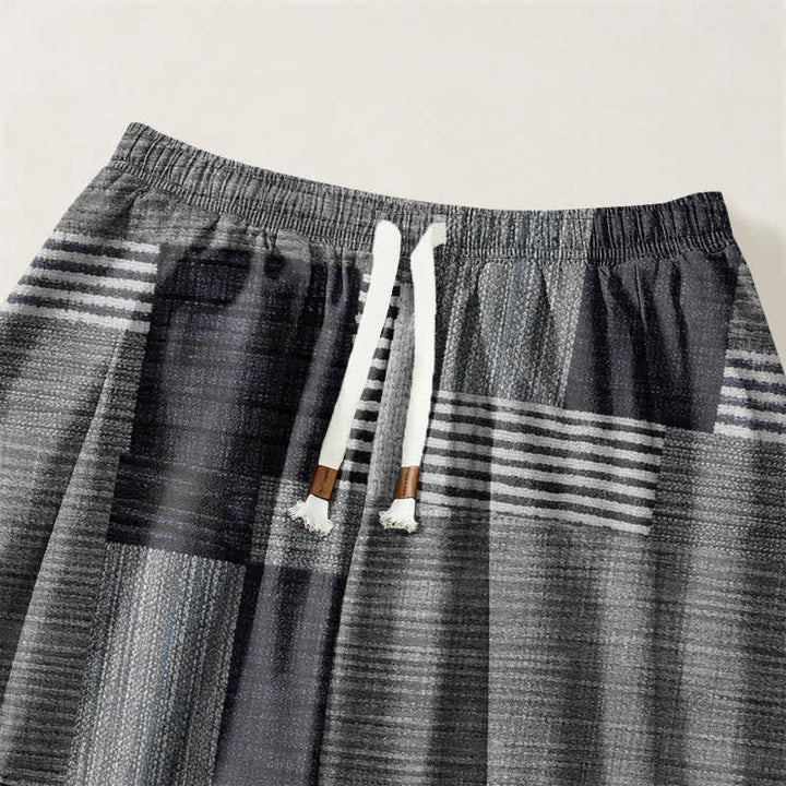 Buddha Stones Pantalones harem para hombre de algodón puro con estampado de retazos, cuadros y rayas, cordón ajustable y bolsillos. - image 15