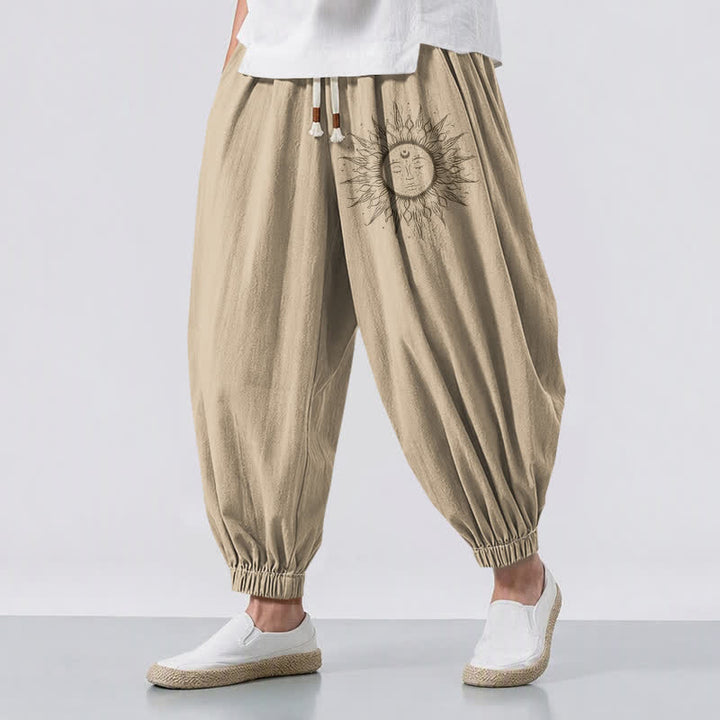 Buddha Stones Pantalones harem para hombre de algodón puro con estampado de cara de sol, cordón ajustable y bolsillos. - BurlyWood - US/UK/AU50, EU60 (5XL) - image 0