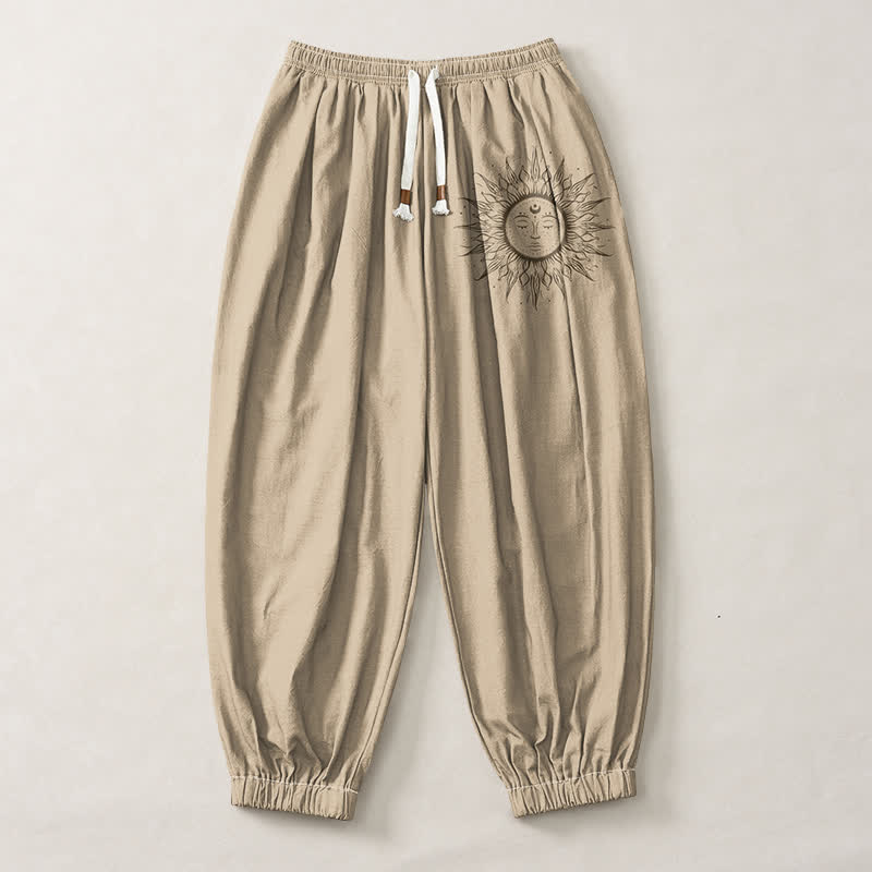 Buddha Stones Pantalones harem para hombre de algodón puro con estampado de cara de sol, cordón ajustable y bolsillos. - image 1