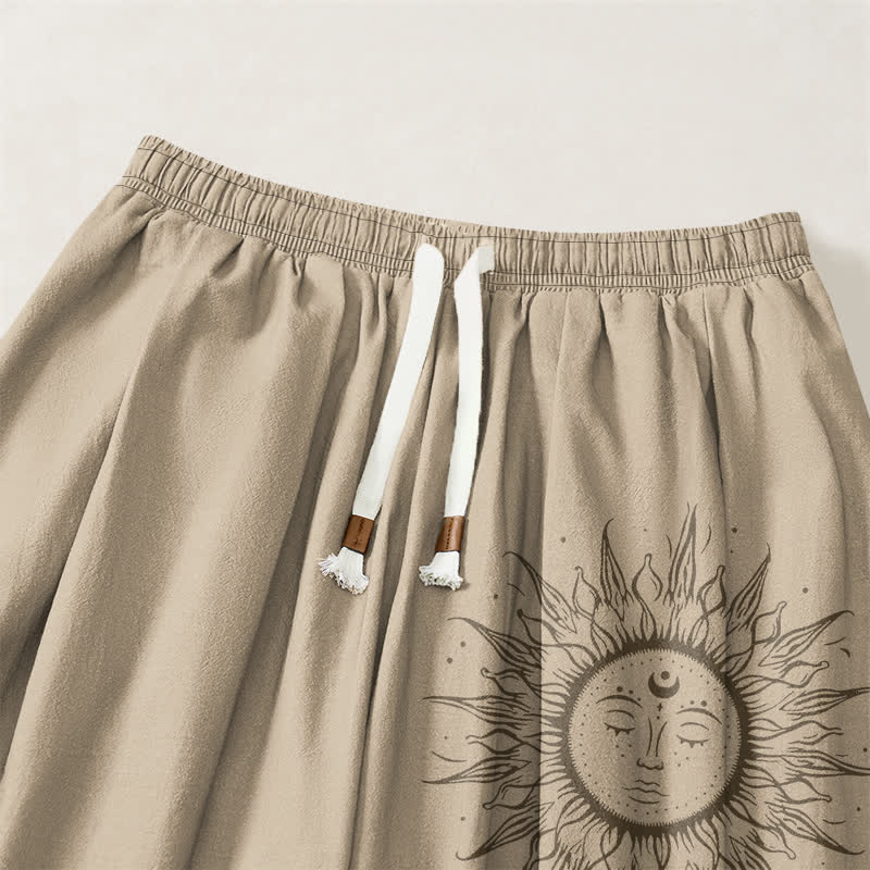 Buddha Stones Pantalones harem para hombre de algodón puro con estampado de cara de sol, cordón ajustable y bolsillos. - image 3