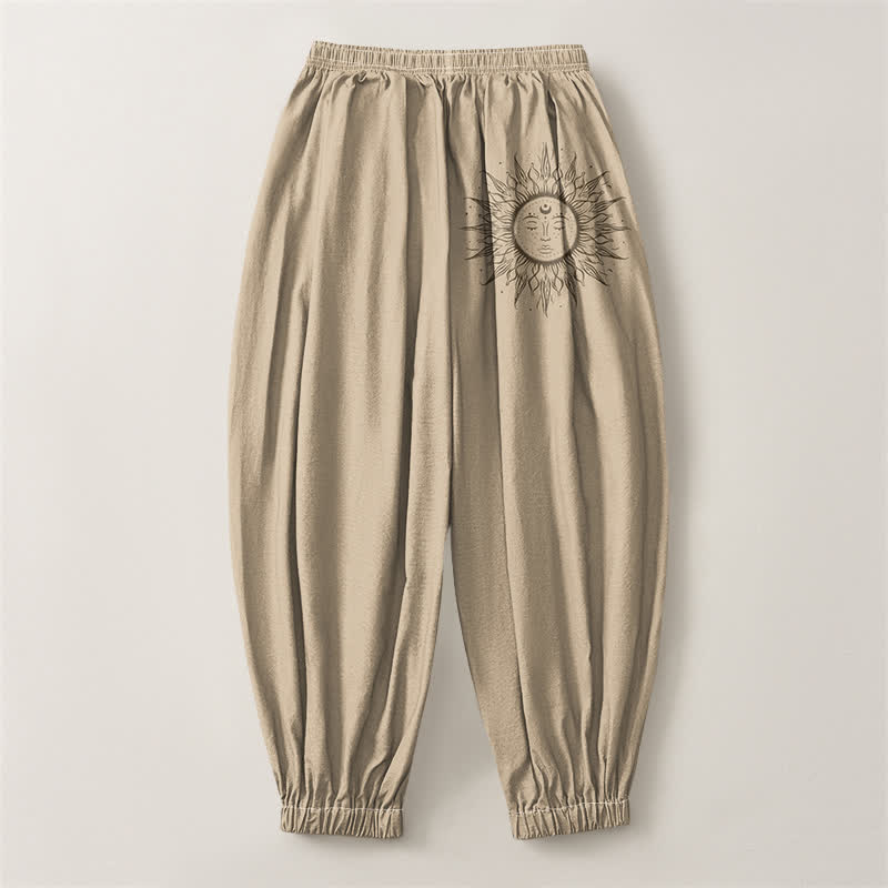 Buddha Stones Pantalones harem para hombre de algodón puro con estampado de cara de sol, cordón ajustable y bolsillos. - image 2
