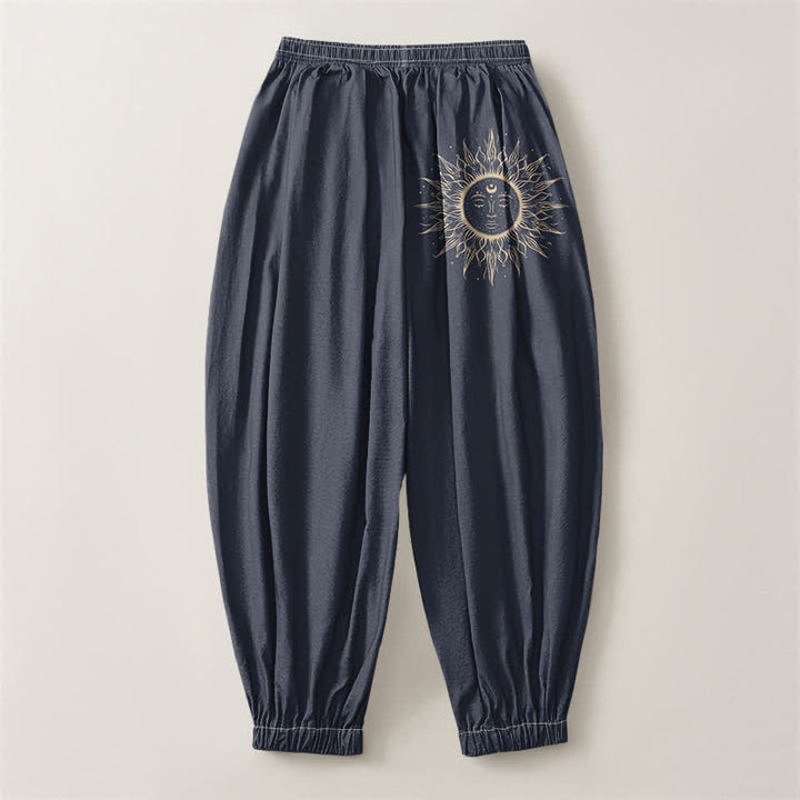 Buddha Stones Pantalones harem para hombre de algodón puro con estampado de cara de sol, cordón ajustable y bolsillos. - image 8