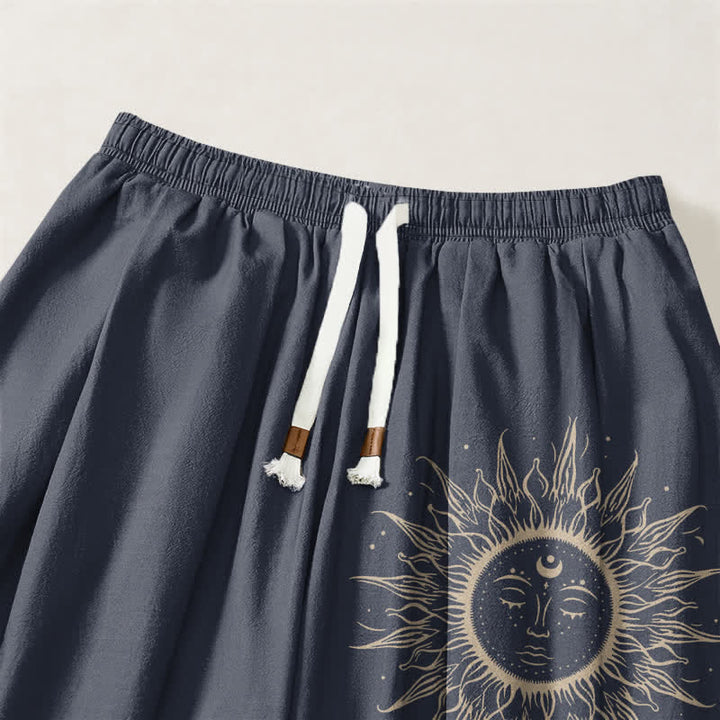 Buddha Stones Pantalones harem para hombre de algodón puro con estampado de cara de sol, cordón ajustable y bolsillos. - image 9