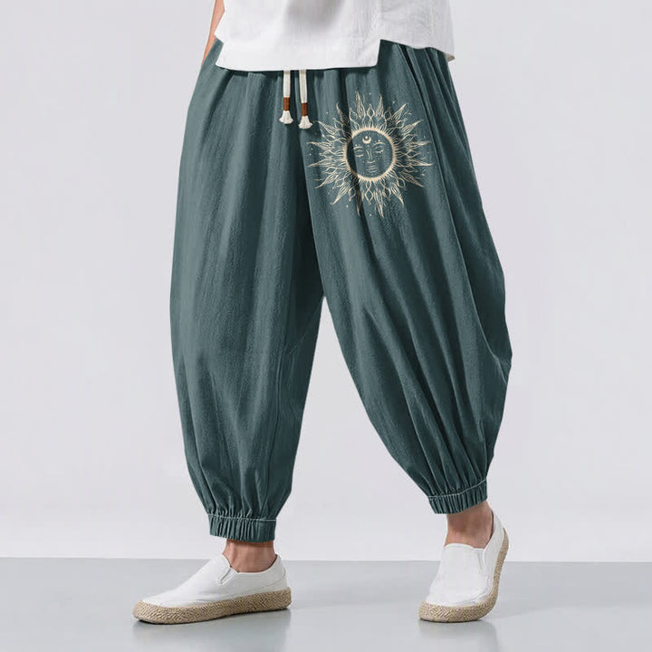 Buddha Stones Pantalones harem para hombre de algodón puro con estampado de cara de sol, cordón ajustable y bolsillos. - Verde azulado - US/UK/AU50, EU60 (5XL) - image 12